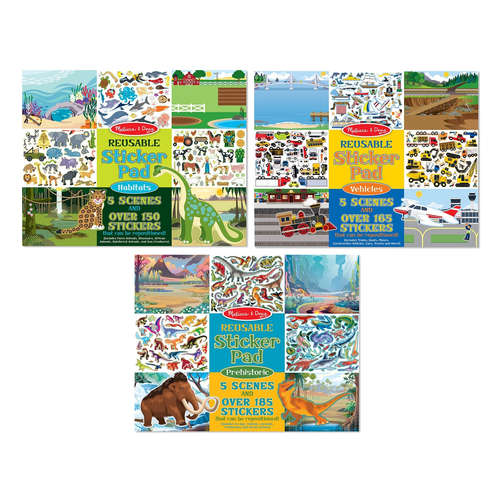 Reusable Sticker Pad 3-Pack: Vehicles, Habitats, Prehistoric O6