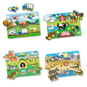 Wooden Peg Puzzle 4-Pack – Vehicles, Farm, Safari, Pets X8