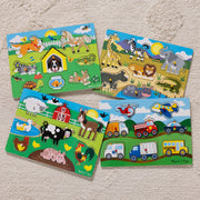 Wooden Peg Puzzle 4-Pack – Vehicles, Farm, Safari, Pets X8
